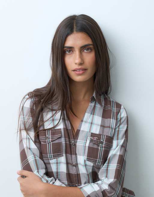 Hollister anni 2000 slim fit camicia di flanella con scollo a V a quadri marroni, 2 di 4