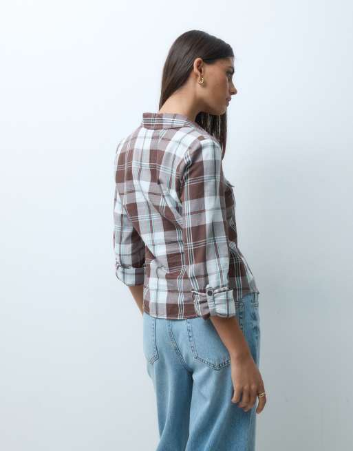 Hollister anni 2000 slim fit camicia di flanella con scollo a V a quadri marroni, 3 di 4