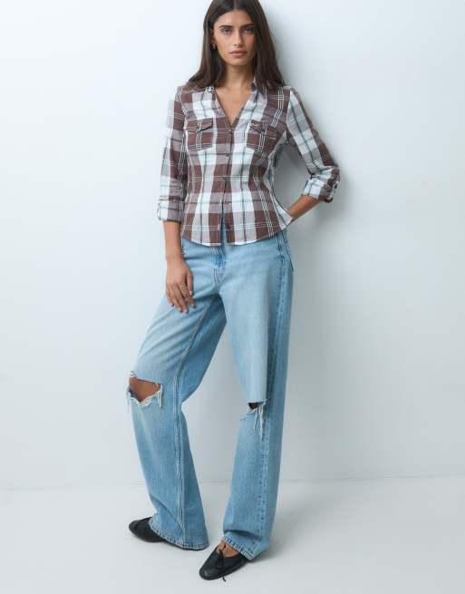 Hollister anni 2000 slim fit camicia di flanella con scollo a V a quadri marroni, 4 di 4