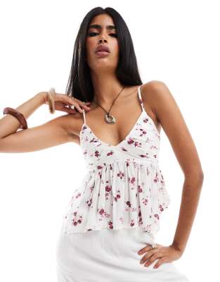 Hollister - Asymmetrisches Babydoll-Oberteil in gebrochenem Weiß mit Blumenmuster