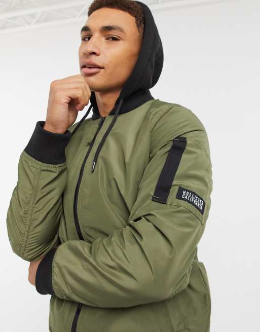 Hollister aviator hooded bomber jacket in olive