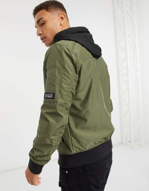 Hollister aviator hooded bomber jacket in olive ASOS
