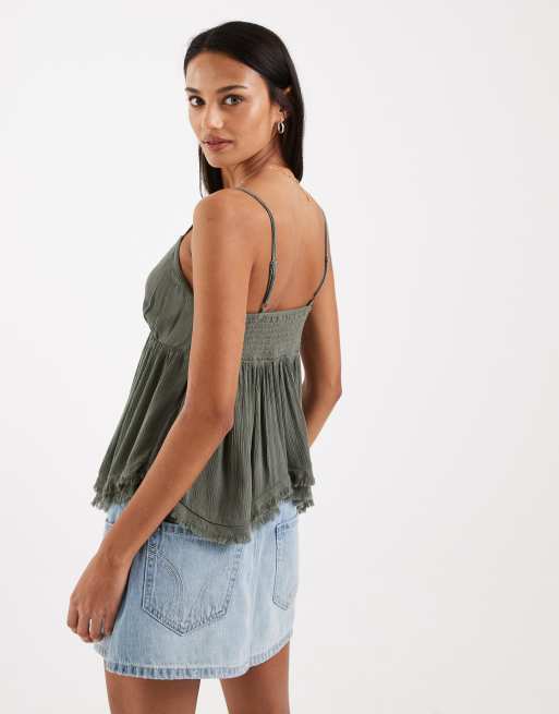 Hollister – Babydoll-Camisole in Grün im Boho-Stil mit Rüschen, 4 von 4