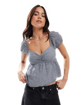 Hollister - Babydoll-Oberteil in Schwarz und Weiß mit Puffärmeln, Vichy-Karo und Rückenausschnitt