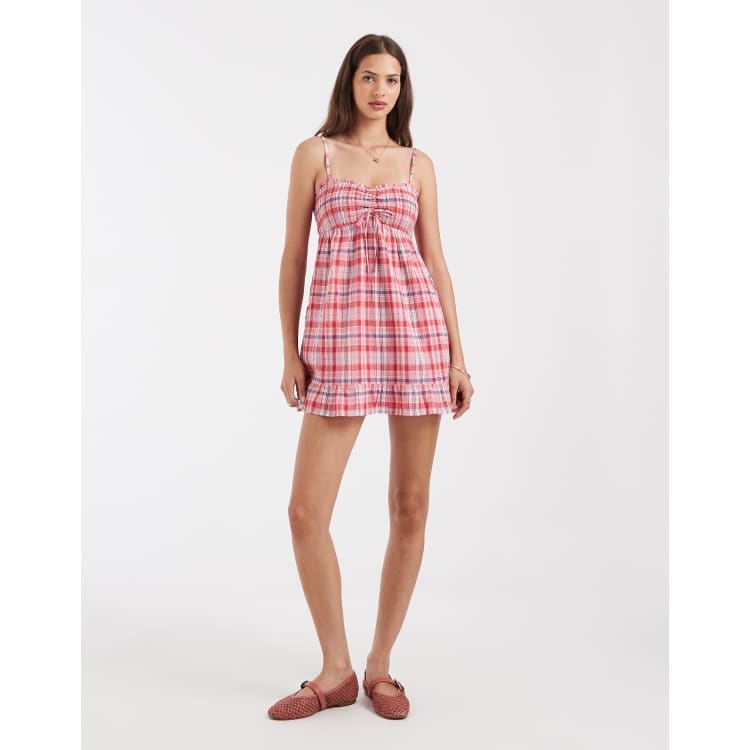 Hollister babydoll strappy mini dress in red check | ASOS