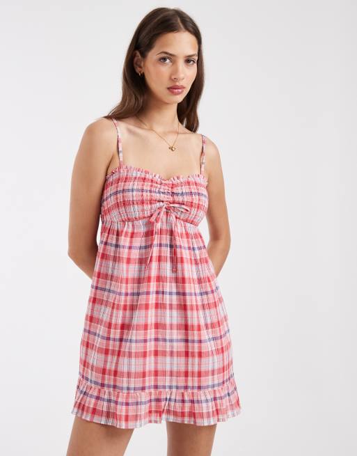 Hollister babydoll strappy mini dress in red check, 2 of 4