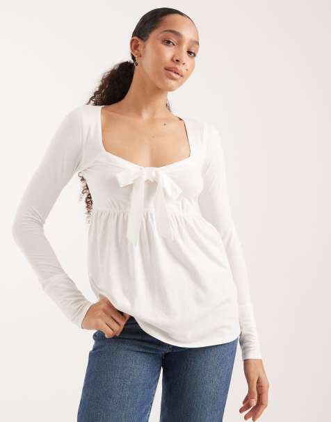 Hollister - Babydoll top met lange mouwen en strik aan de voorkant in wit - view 1