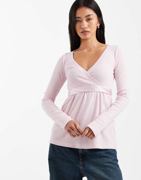Hollister - Babydoll top met lange mouwen en V-hals in roze - view 1