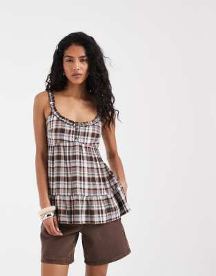 Топ-туника Hollister babydoll в коричневую клетку коричневого цвета