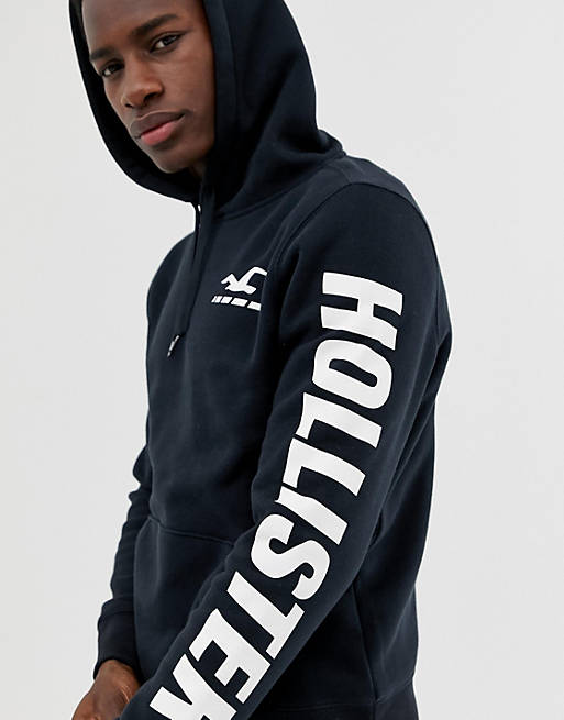 Hollister back/front and sleeve logo hoodie in black
