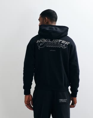 Hollister back graphic logo boxy fit hoodie in black