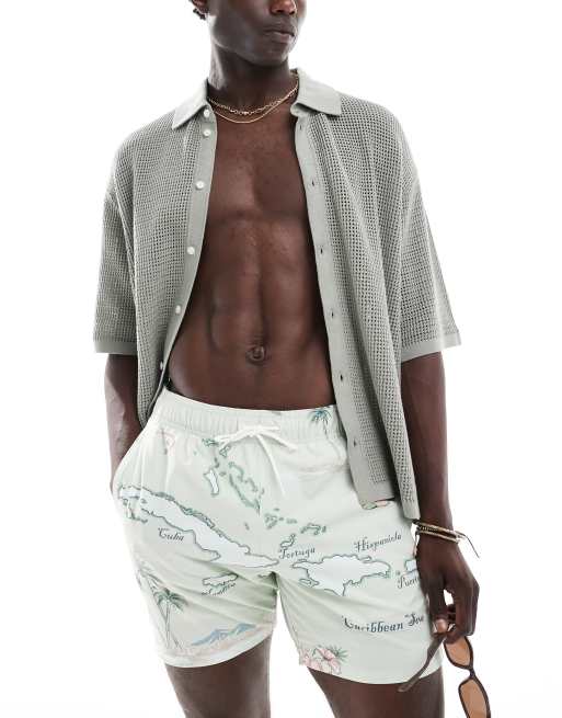 Hollister – Badeshorts in Hellgrün mit tropischem Kartenprintmuster, 5 Zoll Schrittlänge