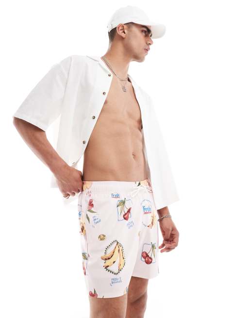 Hollister – Badeshorts in Hellrosa mit tropischem Früchte-Print, 5 Zoll Schrittlänge