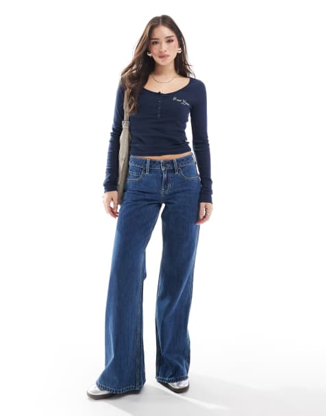 Hollister - Baggy flared jeans met lage taille in inktblauw met wassing - view 1