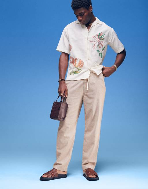 Hollister baggy flex waist linen blend pants in textured beige | ASOS