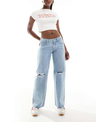 Hollister - Baggy-Jeans in Bleich-Waschung mit niedrigem Bund und unversäubertem Saum-Blau