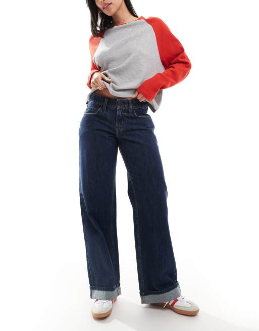 Hollister - Baggy jeans met rechte pijpen, lage taille en omgeslagen zoom in indigo