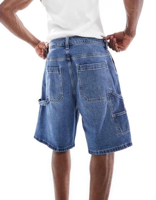 Hollister baggy jorts in medium wash | ASOS
