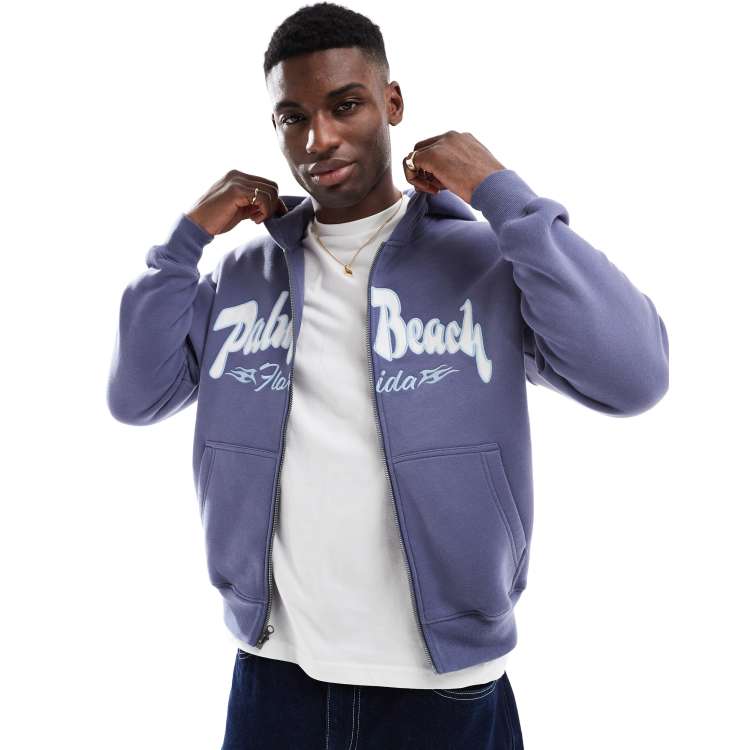 Hollister baggy motif back detail zip through hoodie in navy | ASOS
