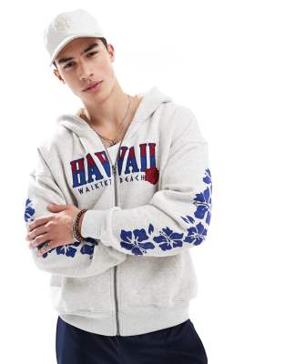 Hollister Hollister baggy motif detail zip through hoodie in grey