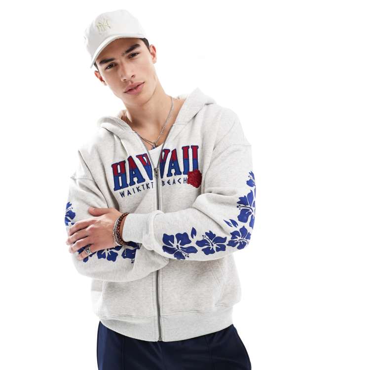 Hollister baggy motif detail zip up hoodie in gray | ASOS