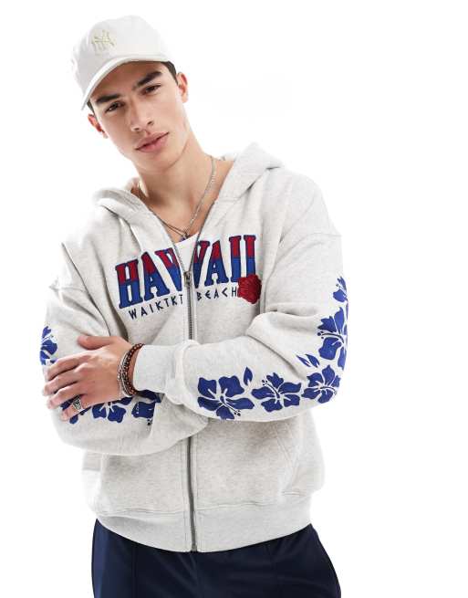 Hollister baggy motif detail zip up hoodie in gray