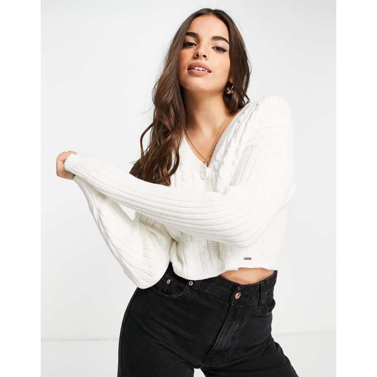 Hollister high neck knitted jumper with balloon sleeve in white