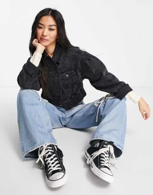 Black denim jacket womens hollister clearance