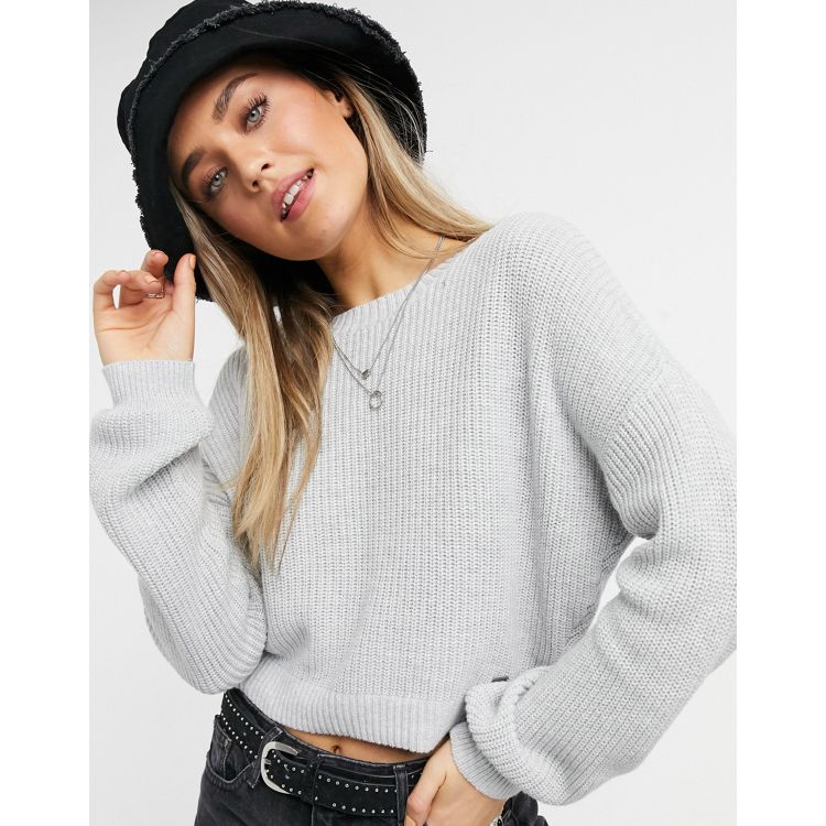 Hollister high neck knitted jumper with balloon sleeve in white