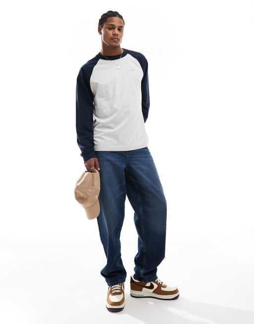 Hollister - Baseball T-shirt van zware kwaliteit met lange raglan mouwen en iconisch logo in gemêleerd grijs/marineblauw