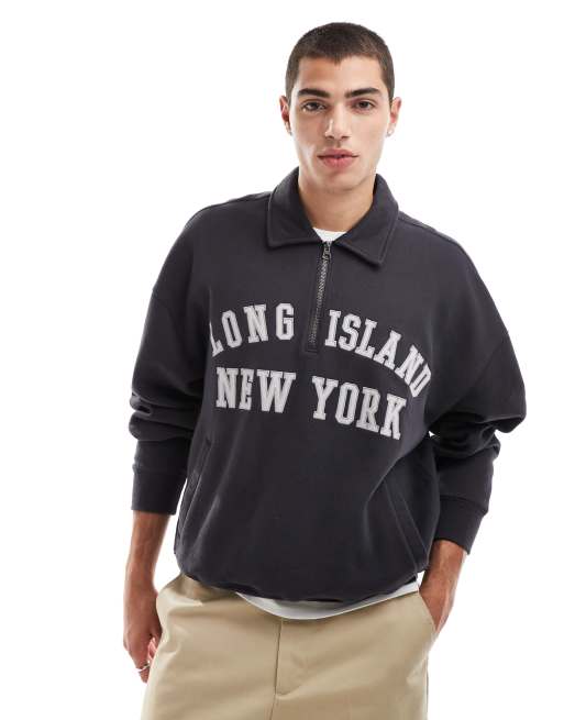 Hollister – Beige, boxig sweatshirt med nedvikt krage, tryck och kort dragkedja, 2 av 4