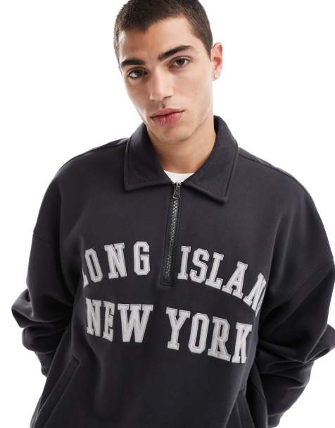Hollister - Beige sweatshirt med foldet krave, firkantet pasform, motivprint og kvart lynlås - view 1