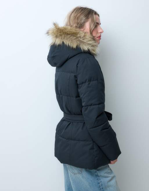 Hollister belted puffer jacket with fur hood in black, 4 of 5