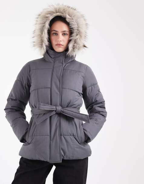 Hollister belted puffer jacket with fur hood in charcoal - view 1