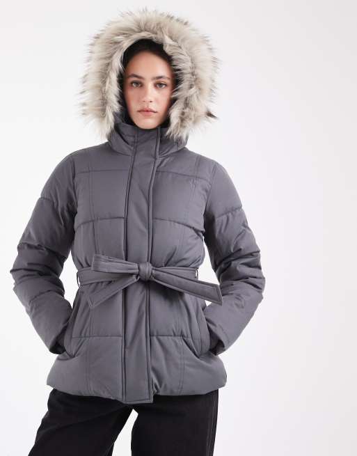 Hollister belted puffer jacket with fur hood in charcoal, 1 of 4