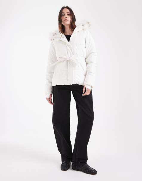 Hollister belted puffer jacket with fur hood in white - view 1