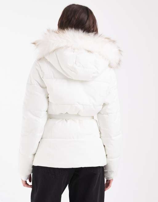 Hollister belted puffer jacket with fur hood in white, 2 of 4