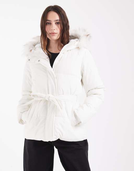Hollister belted puffer jacket with fur hood in white, 3 of 4