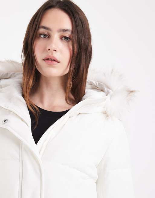 Hollister belted puffer jacket with fur hood in white, 4 of 4