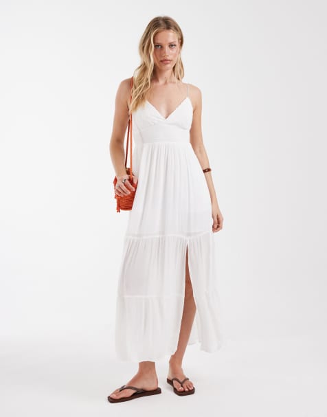 Hollister – Besticktes, gestuftes Maxikleid in Weiß mit Riemchenträgern - view 1