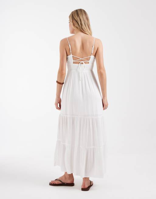 Hollister – Besticktes, gestuftes Maxikleid in Weiß mit Riemchenträgern, 2 von 4