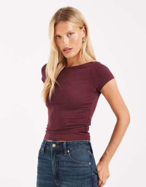Hollister bezszwowy top z dekoltem typu slash w kolorze burgundowym - view 1