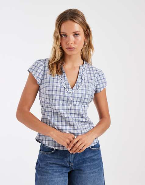 Hollister – Biała luźna koszula z krótkimi rękawami w kratę - view 1