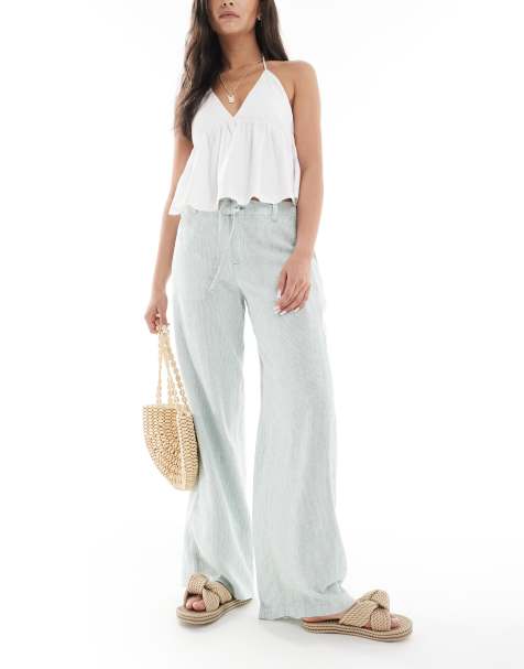 Hollister low rise linen super baggy trousers green and white stripe