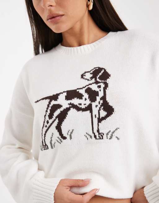 Hollister – Biały dzianinowy sweter z grafiką psa, 3 z 4