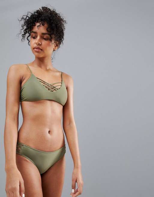 Hollister co-ord frill tie front bikini top in olive