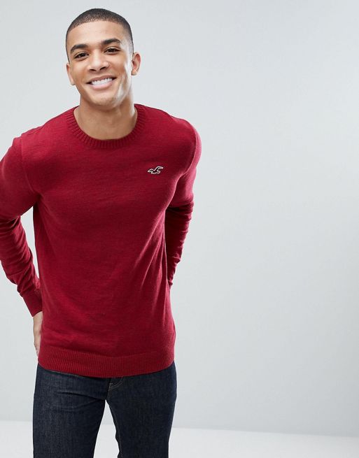 Hollister Billy Crew Neck Knit Jumper Seagull Logo in Red | ASOS