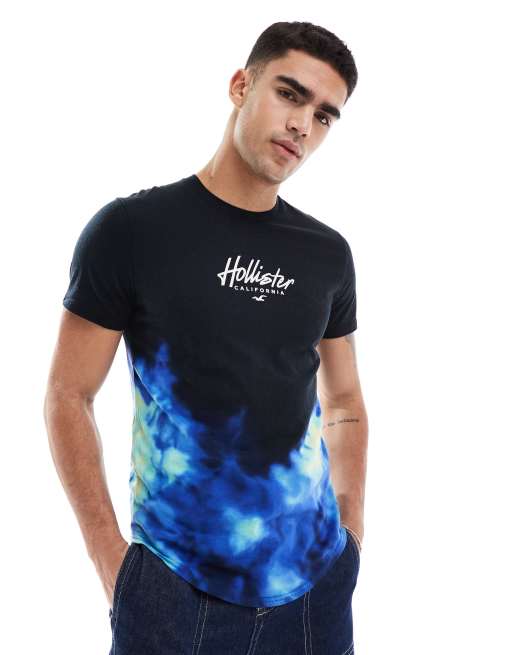 Hollister - Blå longline-T-shirt med logo på brystet og ryggen i ombré-syrevask