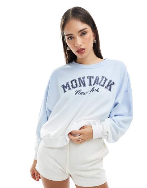 Hollister – Blå, ombrefärgad sweatshirt med rund halsringning och tryck framtill - view 1