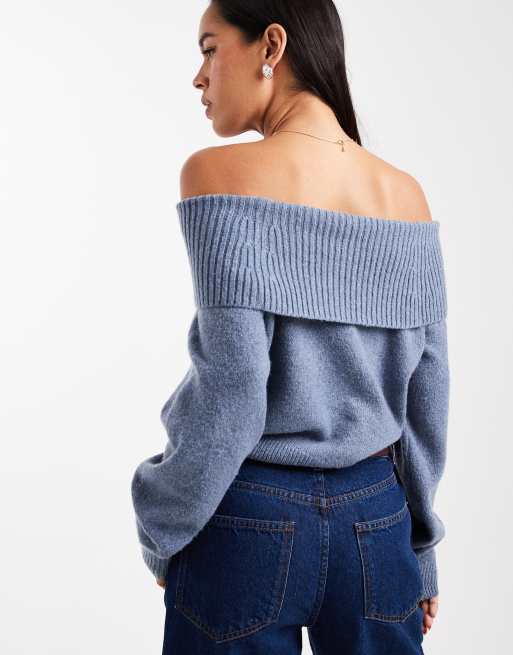 Hollister – Blå, stickad tröja med bara axlar, 4 av 4